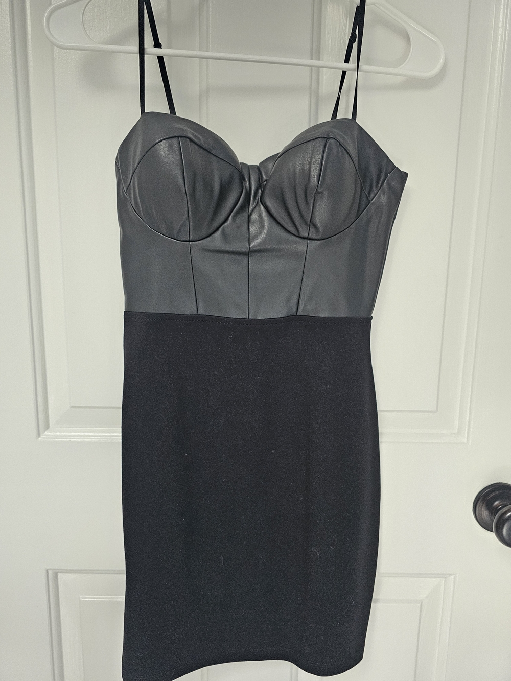 Aqua Two-Tone Black Faux-Leather Bustier Mini Dress